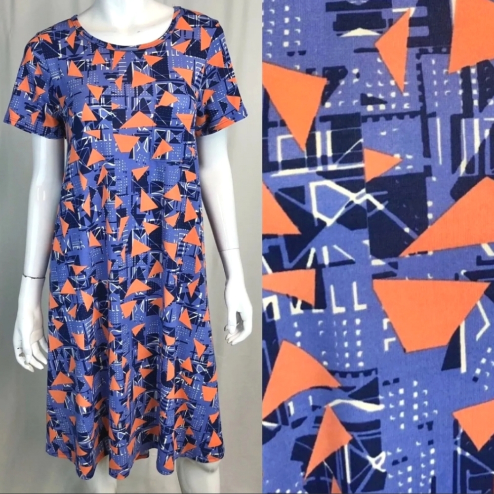Lularoe Carly Swing Dress, Size Small Fit, Orange & Blue Geometric Print